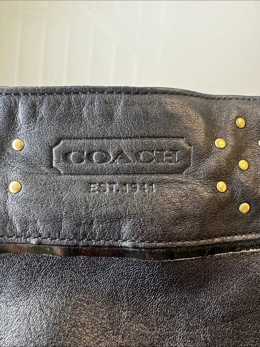 Coach Zoe Black Leather Shoulder Bag with Gold Studs